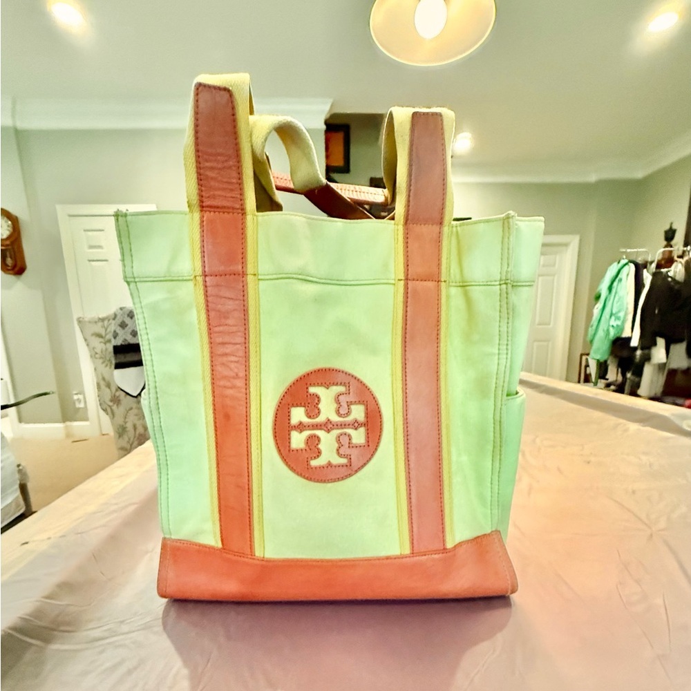 Tory Burch Large Lime Green Canvas Brown Leather Tote Bag MSRP $358 - Picture 2 of 16
